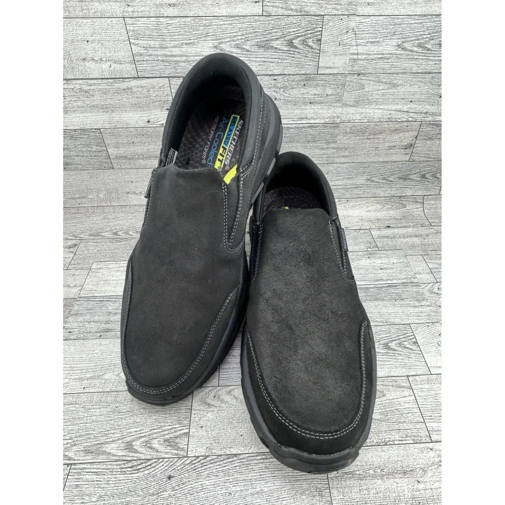 Skechers Relaxed Fit Steady Grip Men Sz 13 Black Leather Slip On‎ Shoes 204480